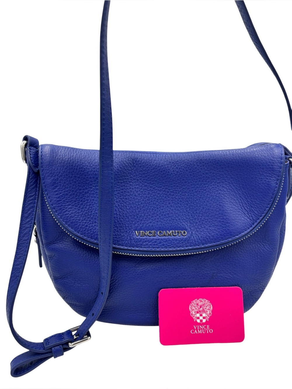 VINCE CAMUTO Lapis Blue Pebbled Leather Crossbody Saddle Bag Silver